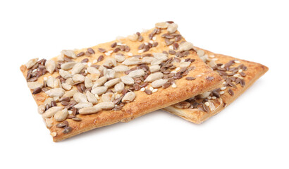 Cereal crackers with flax, sunflower and sesame seeds isolated on white
