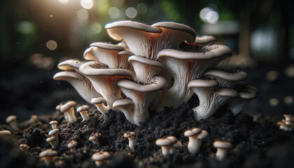 Oyster mushrooms growing out of dark, fertile soil - obrazy, fototapety, plakaty