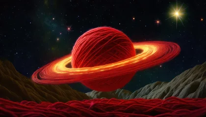 Foto op Aluminium Saturn made with a fiery color yarn in the night sky with stars made of wollen threads © zekine