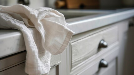 white cotton dish towel draped over the handle of a kitchen drawer, waiting to be used