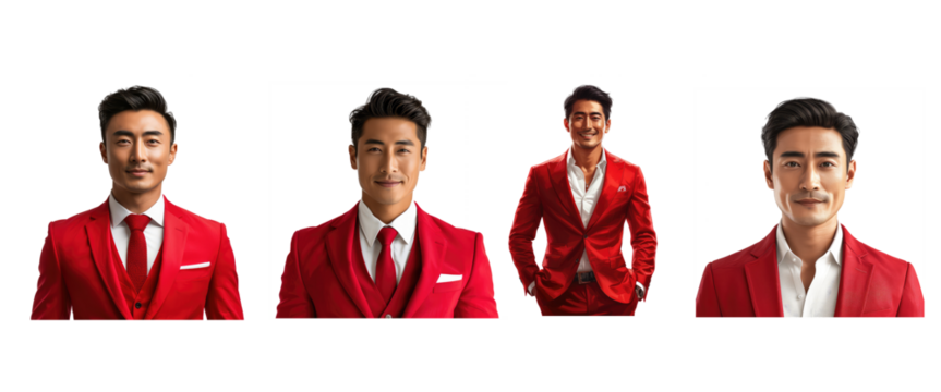 Asian young business man in red suit with happy expression