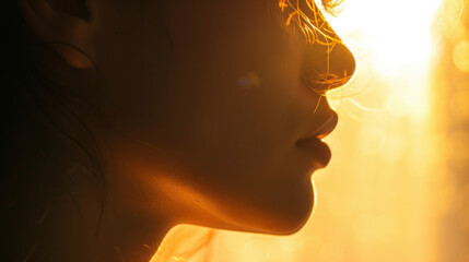 The backlighting creates a soft ethereal quality around the profile of a persons face.