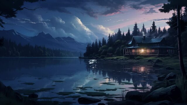 Animated illustration of a traditional house by the lake, with a view of the forest at night. Digital painting or cartoon anime style, animated background. 4k loop animated background.