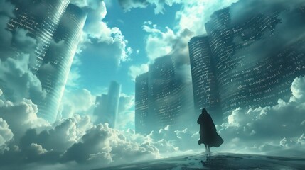 Ancient cloud computing scrolls unfurling in the sky inscribed with codes and accessed by digital monks - obrazy, fototapety, plakaty