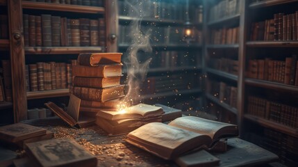 Ancient library with books of secrets only accessible by sorcerers with the correct magical identity sigils - obrazy, fototapety, plakaty
