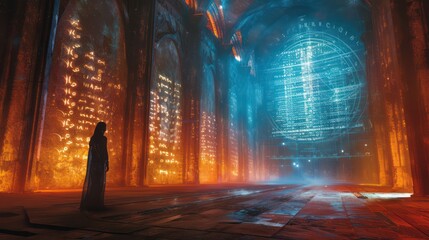 Archive of the universes laws, with holographic scrolls floating in a sacred chamber