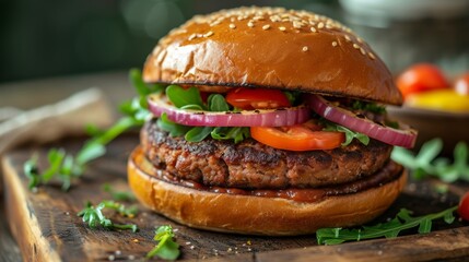 Vegan burger with a plant-based patty, fresh vegetables, and sesame bun.