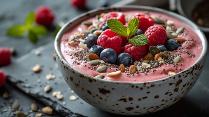 Vegan smoothie bowl with raspberries, blueberries, and mixed seeds on a dark background.