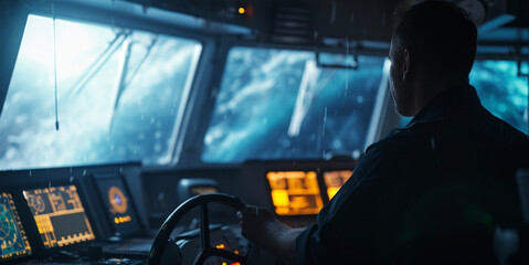 The ships captain consults weather charts and coordinates with other ships to navigate around an approaching tropical cyclone avoiding potential damage and delays. - obrazy, fototapety, plakaty