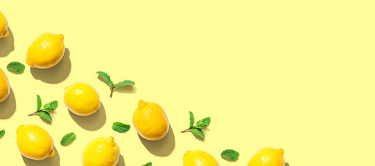 Fresh yellow lemons with mints overhead view - flat lay - 736701921