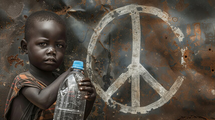 Ein kleines schwarzes armes Kind mit einer Wasserflasche. Im Hintergrund das Friedenssymbol (Peace-Zeichen). Der Welttag des Wassers trägt 2024 das Motto 