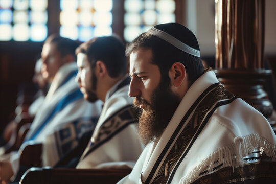 Jewish male orthodox Jewish worshiper with tallit during prayer in a synagogue AI Generation