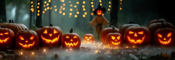 Magical Halloween Pumpkin Row with Scarecrow and Lights