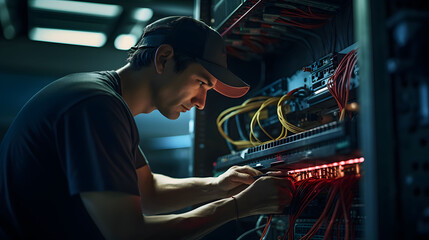network engineer admin works with server equipment - obrazy, fototapety, plakaty