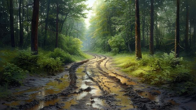 Journey Through the Enchanting Woodland: A Realistic Painting of a Horse-Ridden Forest Road