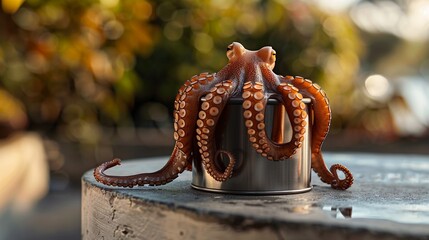 Close up of octopus in a stainless steel can on wooden table, concept of octopus in cans, fresh seafood, wired monster in city.