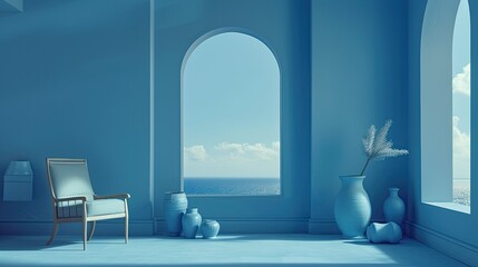 A blue room with a chair, vases, and a window with a blue sky in the window