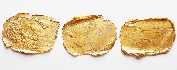 Naklejka premium Set of three golden smears stains isolated on white background, golden shiny texture painting stains.