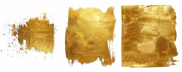 Set of three golden smears stains isolated on white background, golden shiny texture painting...