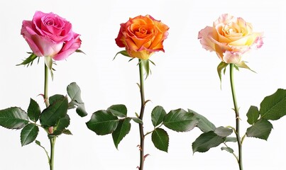 Set of three beautiful vivid roses in red, pink and yellow on long stems with green leaves isolated on white background. 