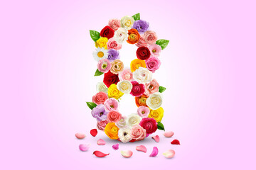 International Women's Day - March 8. Card design with number 8 of bright flowers and leaves on pink background