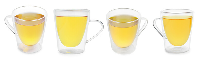 Green tea in glass cups isolated on white, set