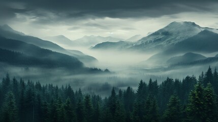 a foggy mountain landscape with trees and mountains