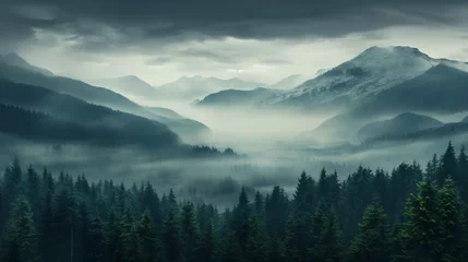Poster a foggy mountain landscape with trees and mountains © ion