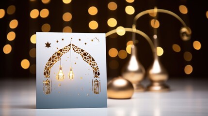 Eid al-Fitr Islamic greeting card for the Muslim holiday Ramadan Kareem. Islamic celebration background with golden lanterns