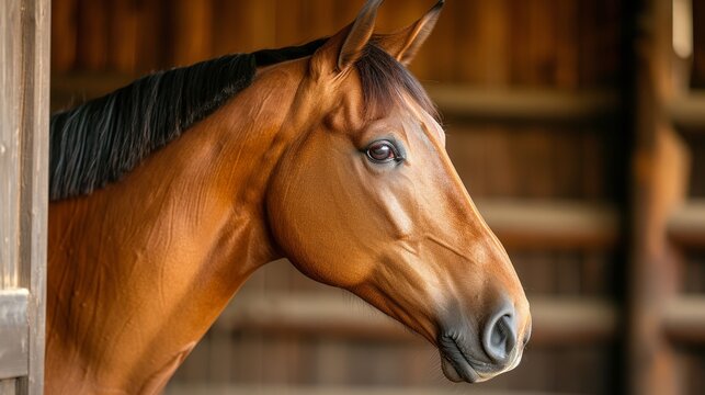  Tranquil profile of a horse in a dimly lit barn capturing a moment of pure tranquility.