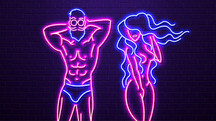 A sexy neon bright man and a shiny woman in blue and pink. A concept for a barbershop, a sport or a sex shop.