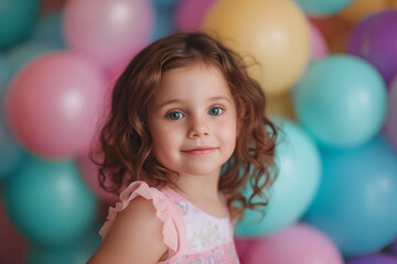 Fototapeta na wymiar Little birthday girl with balloons in the background 