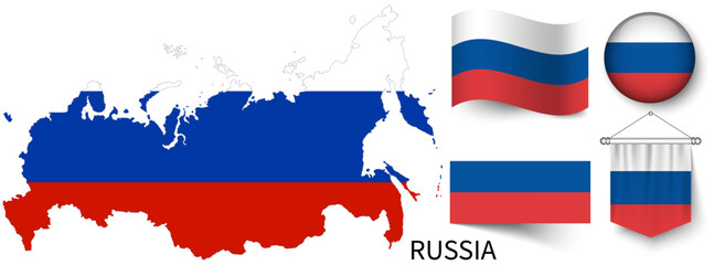The various patterns of the Russia national flags and the map of Russia's borders