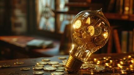 A golden idea a light bulb filled with gold coins on a table