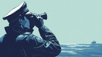 As part of their watchkeeping duties the Third Officer scans the horizon with binoculars keeping a sharp lookout for any potential hazards or incoming vessels.