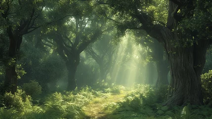 Zelfklevend Fotobehang Sunbeams filtering through an ancient forest canopy on a serene path © maniacvector