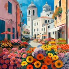 Picturesque Mediterranean Town with Colorful Flowers and Architecture