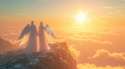 Two ethereal lightbringers standing on a mountaintop their glittering wings creating a mesmerizing spectacle as they welcome the rising sun.