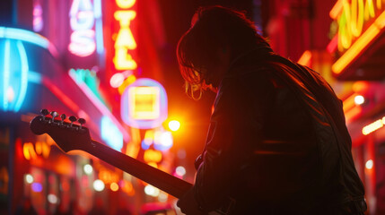 A guitarist lost in a pionate solo backlit by the glowing neon signs of a city at night.