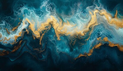 Abstract fluid art with blue and gold swirls resembling marbled water. - obrazy, fototapety, plakaty