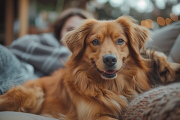 Cozy family moment with a joyful dog on the sofa
