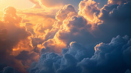 Whimsical clouds backlit by the setting sun resembling a fairytale scene in the sky. - obrazy, fototapety, plakaty