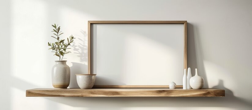 a picture frame is hanging on a wooden shelf next to a vase . High quality