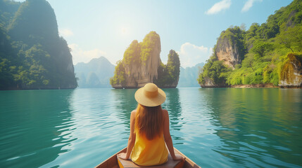 traveler woman in a longtail boat at Khao Sok Lake Thailand Asia, Asian woman in a boat at the lake...