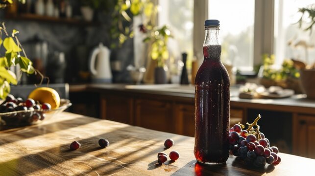 Sunny kitchen with homemade wine and fresh grapes on a wooden table.