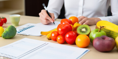 Obraz na płótnie Canvas Healthy Eating: A Carefully Penned Nutrition Plan on Medical Office Table