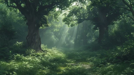 Poster Sunbeams filtering through an ancient forest canopy on a serene path © maniacvector