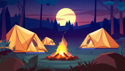 tents near campfire in night forest hiking camping concept - obrazy, fototapety, plakaty