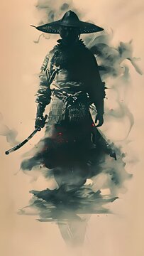 4k 9:16 animation simulation of Japanese samurai warrior ink painting style.