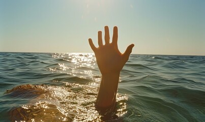 hands asking for help. photo of drowning person - obrazy, fototapety, plakaty
